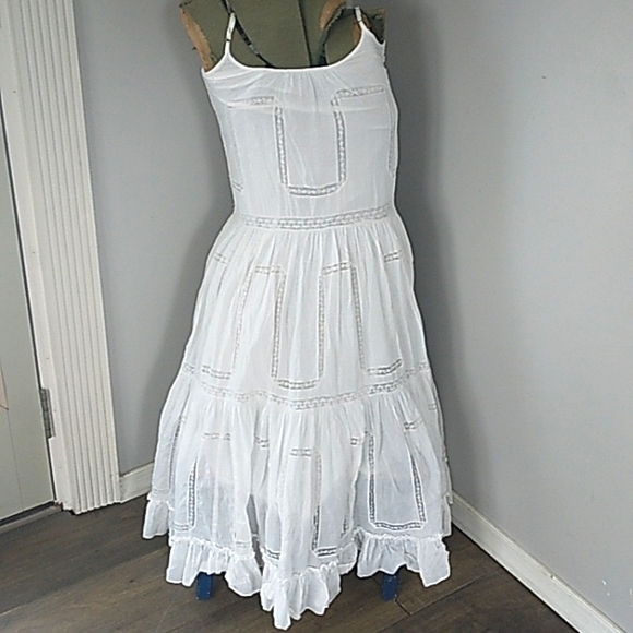 VTG Y2K COTTAGECORE WHITE/LACE COTTON PRAIRIE  MIDI DRESS INDIA MADE WOMANS S - Picture 4 of 7
